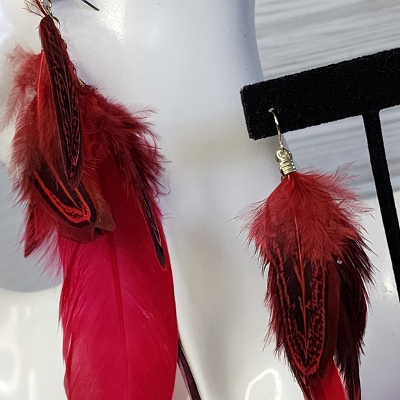 Boho Long Red Real Feather Earrings - Picture 3 of 6